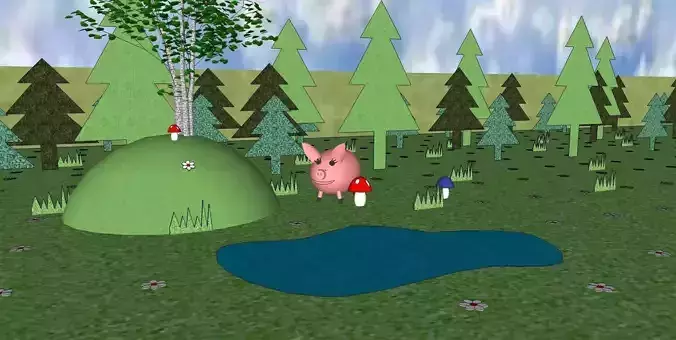 Multik pig in field with trees and pond
