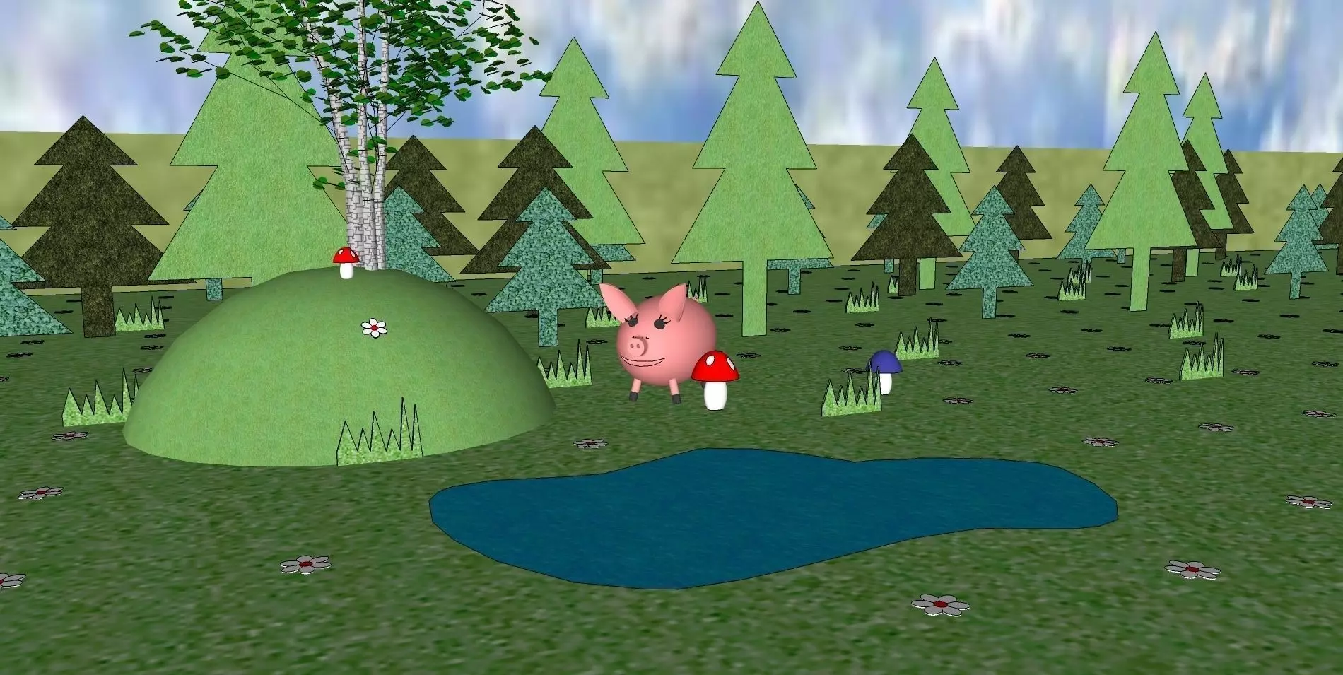 Multik pig in field with trees and pond 3D model_0