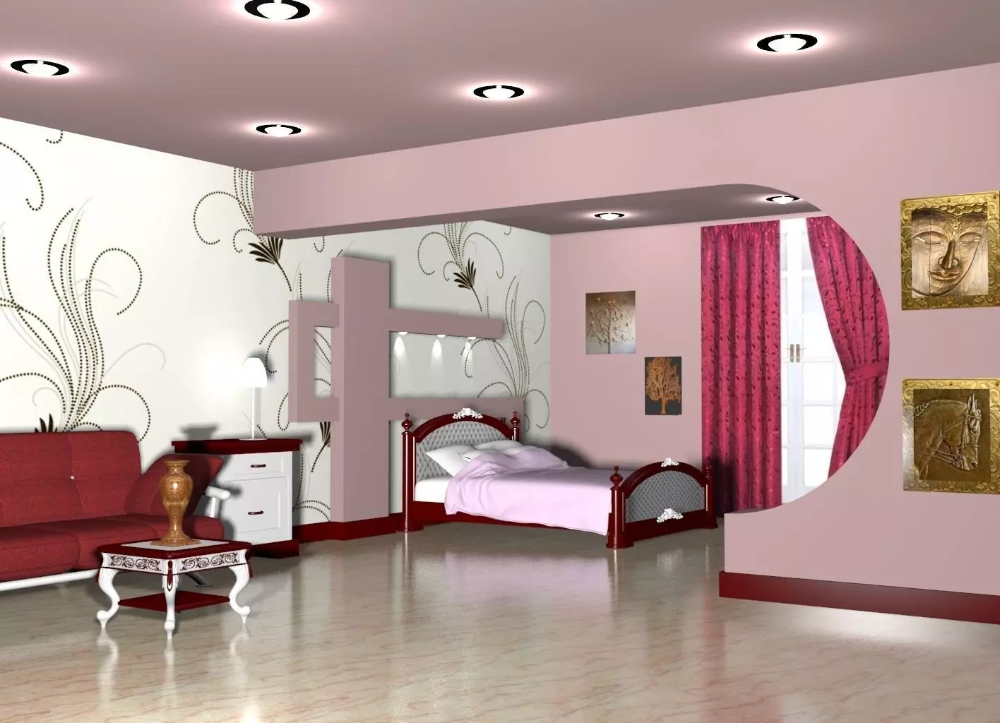 Bedroom with walls and furniture Free 3D model