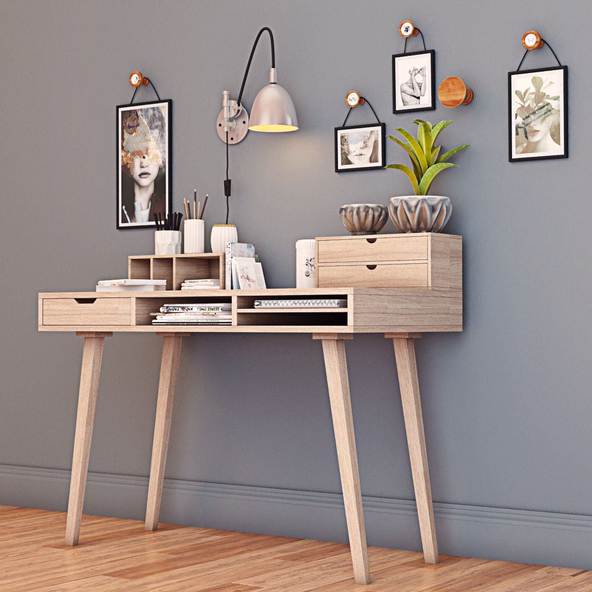 Desk with decorative set 3D model_1