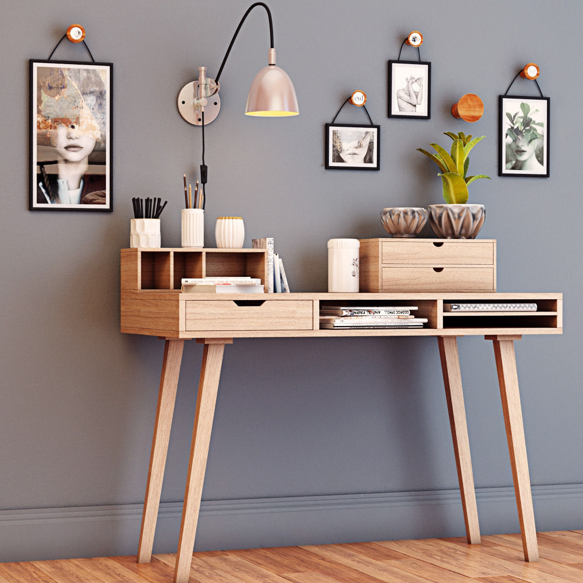 Desk with decorative set 3D model_2