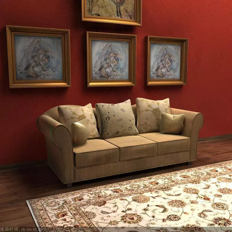 Sofa living room with couch and two paintings on wall 3D model_0