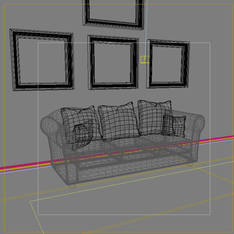 Sofa living room with couch and two paintings on wall 3D model_1