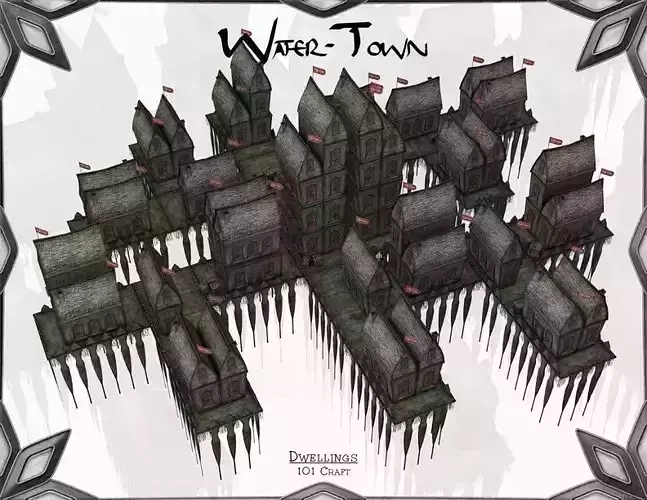 Water-Town city called wheeled town Low-poly 3D model