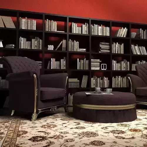Sofa living room with two chairs and bookcase