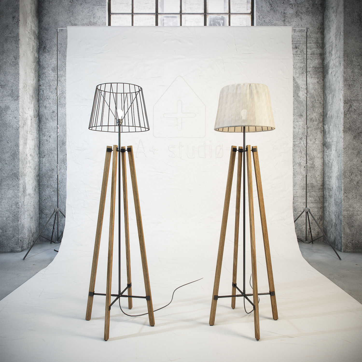 Wood Wire Floor Lamp 3D model_1