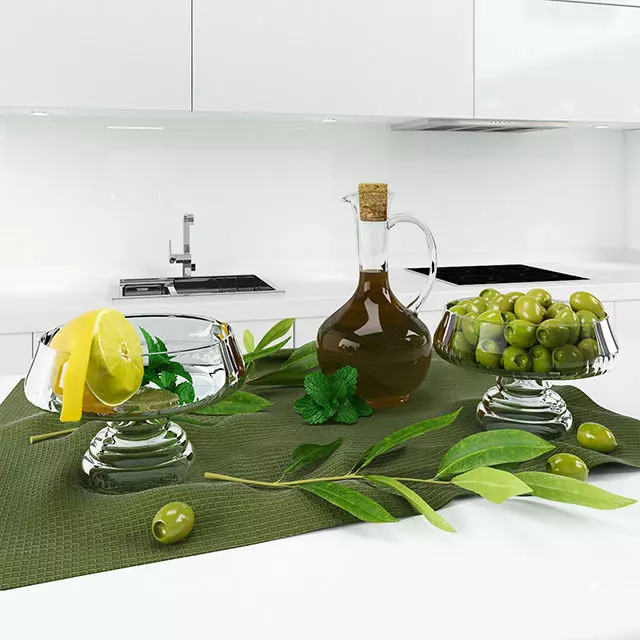 olive olives and lemon on cloth 3D model