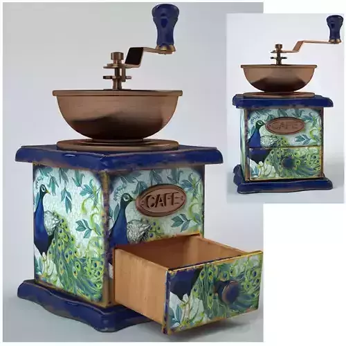  Blue kofemolka is decorated the technique of dekupazha  Pavlin