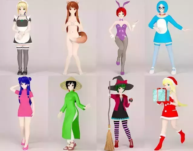 8 posed models of various toon girl