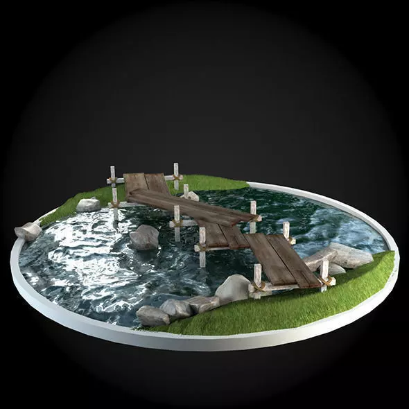Bridge wooden over pond 3D model_0