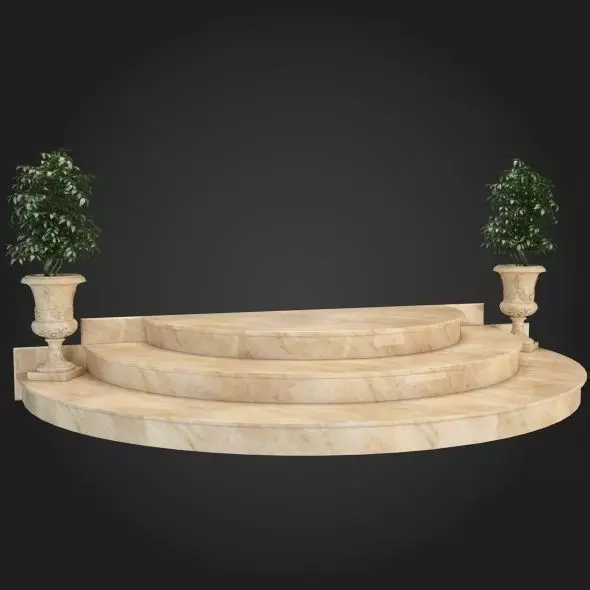 Staircase marble stage with two potted plants 3D model_0