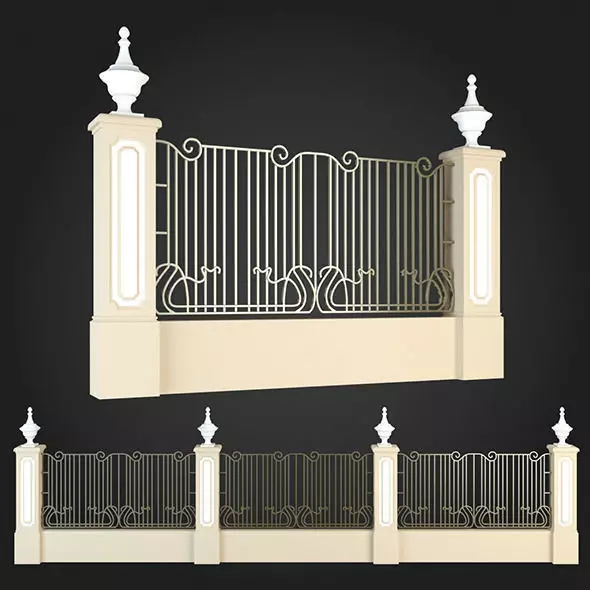 Fence four wrought iron gates 3D model_0