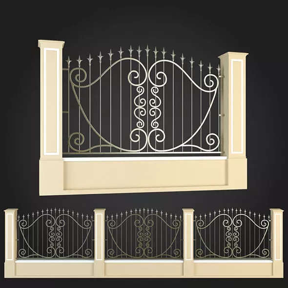 Fence three wrought iron gates 3D model_0