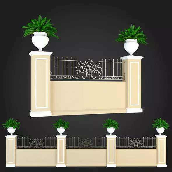 Fence wrought iron with potted plants 3D model_0