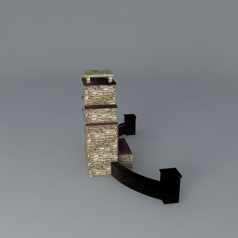 Fireplace with seat walls small columns Free 3D model_2