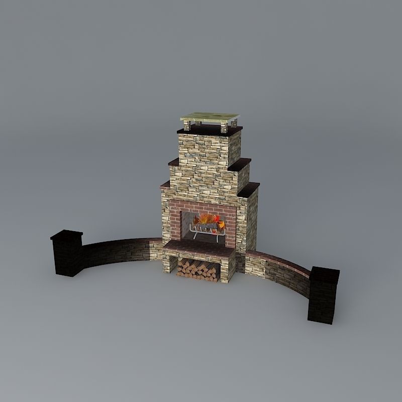 Fireplace with seat walls small columns Free 3D model_1