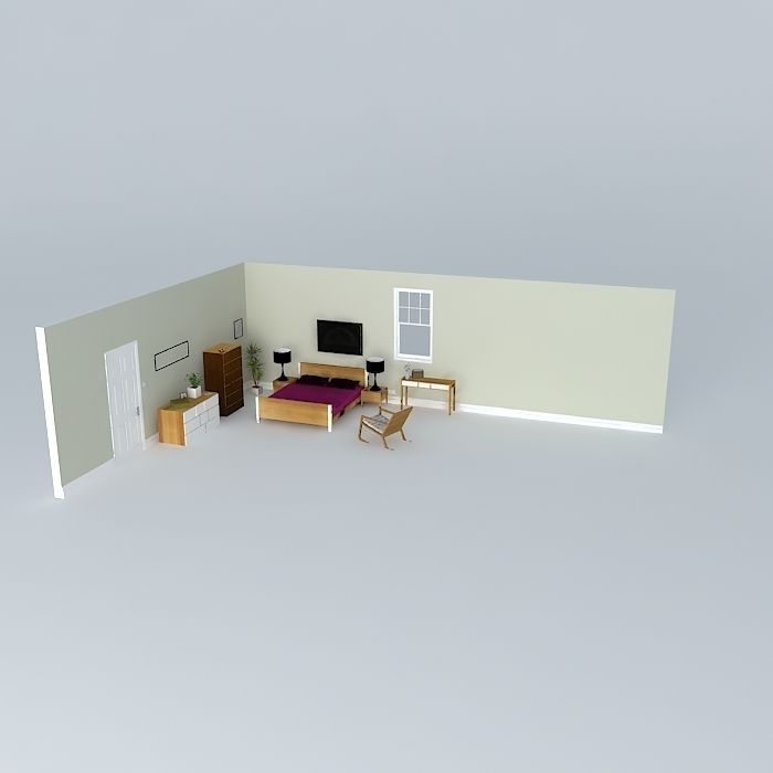 Bedroom set wall with window 3D model_1