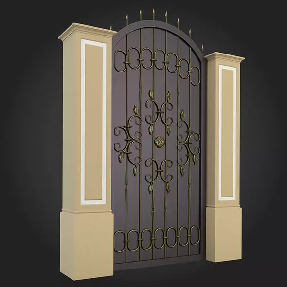 Gates wooden gate with wrought iron ornaments 3D model_0