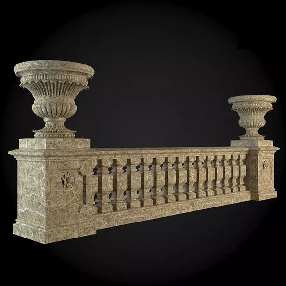 Baluster stone railing with two urns 3D model_0