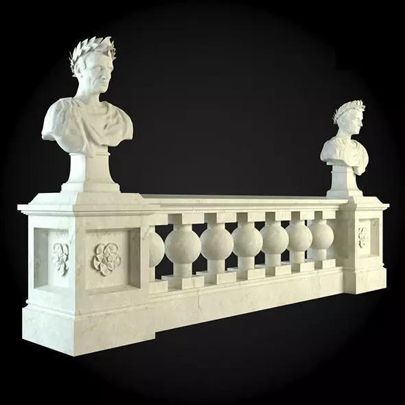 Baluster marble railing with two busts 3D model_0