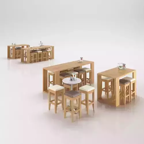 Wooden scandinavian tables and stools 3D model