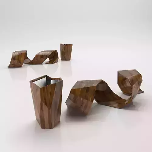 Art style wooden bench with trash bin