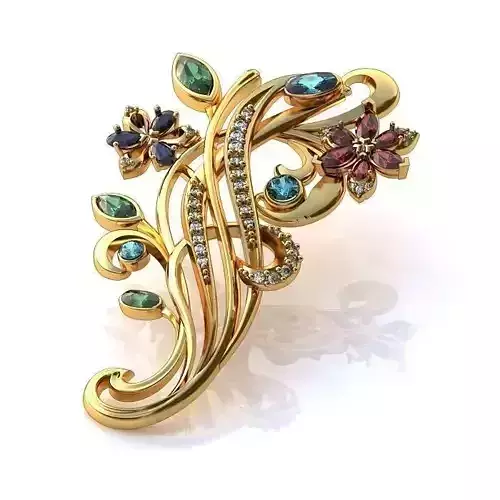 Jewelry gold brooch with diamonds and gemstones