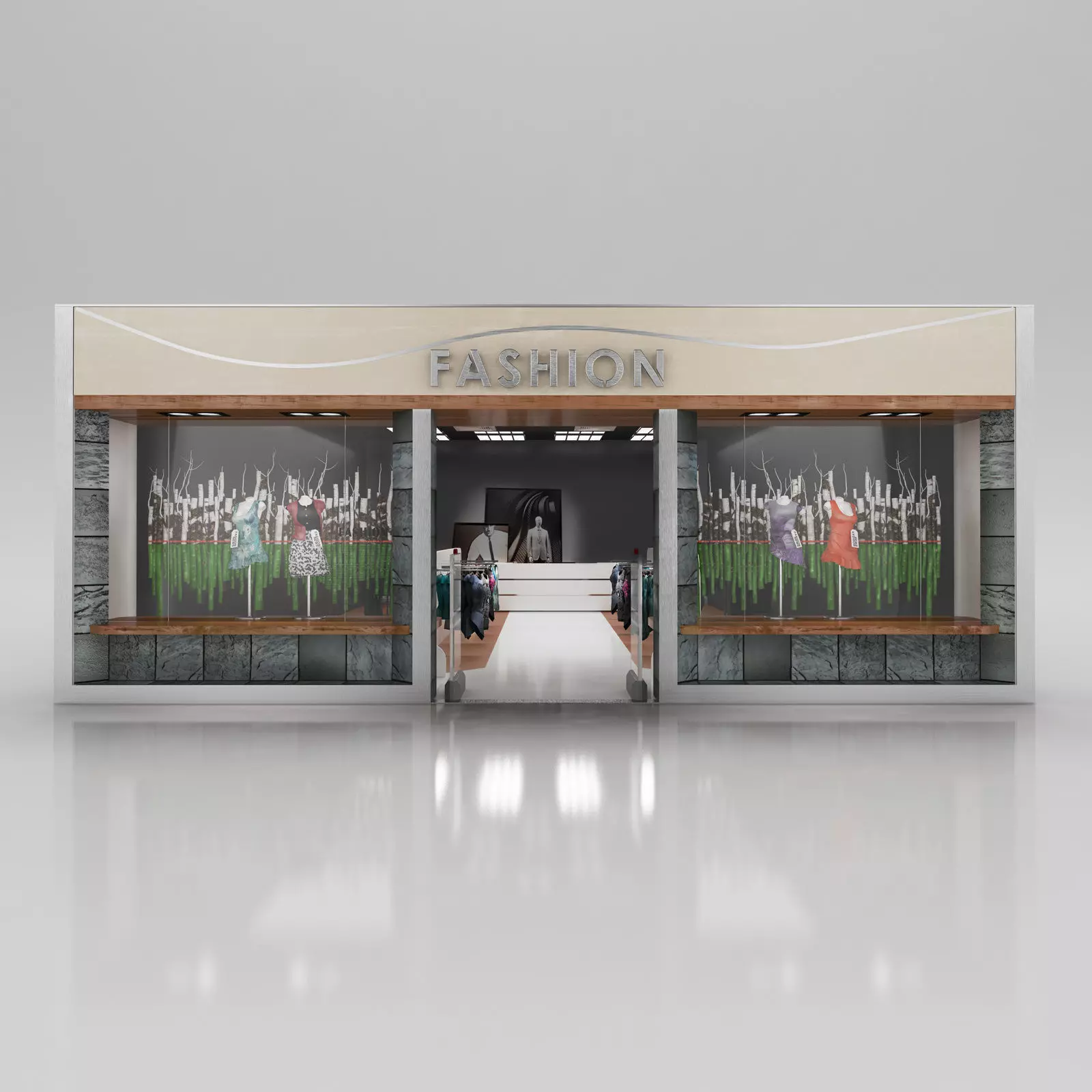 Shop windows in green color 3D model_0