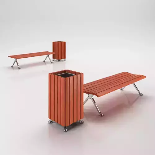 Simple wooden bench with matched trash bin