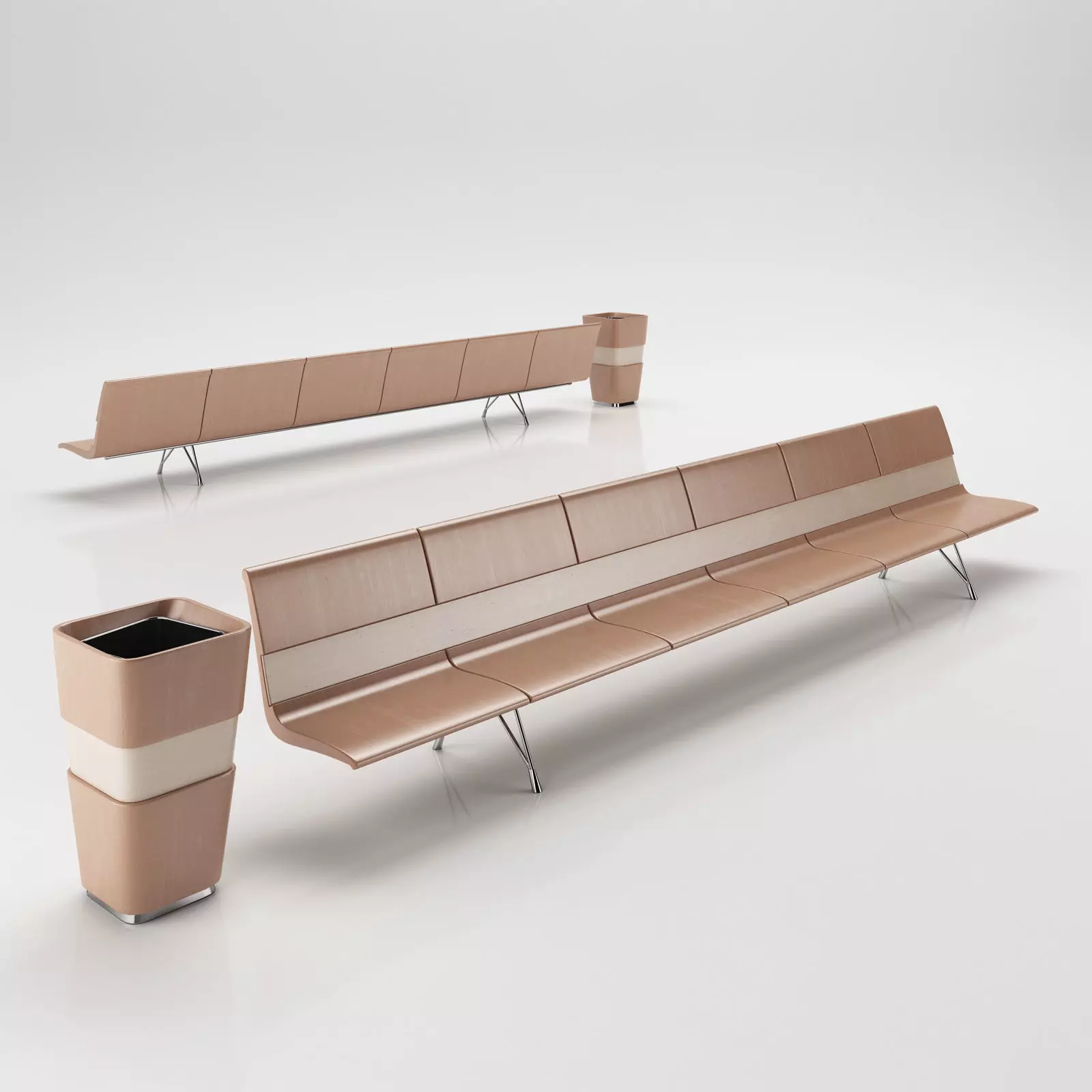 Long bench with matched trash bin 3D model_0