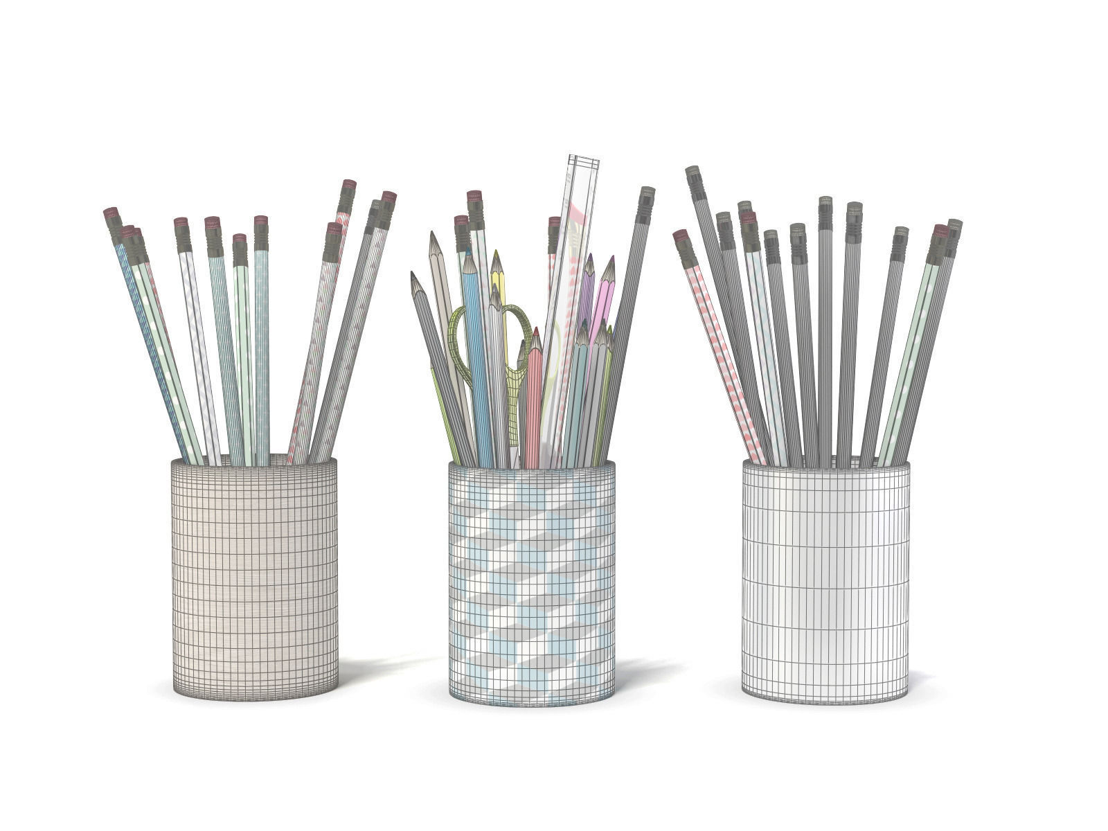 3 Pot pencils 3 Pots a crayons ciseaux regles 3D model_1