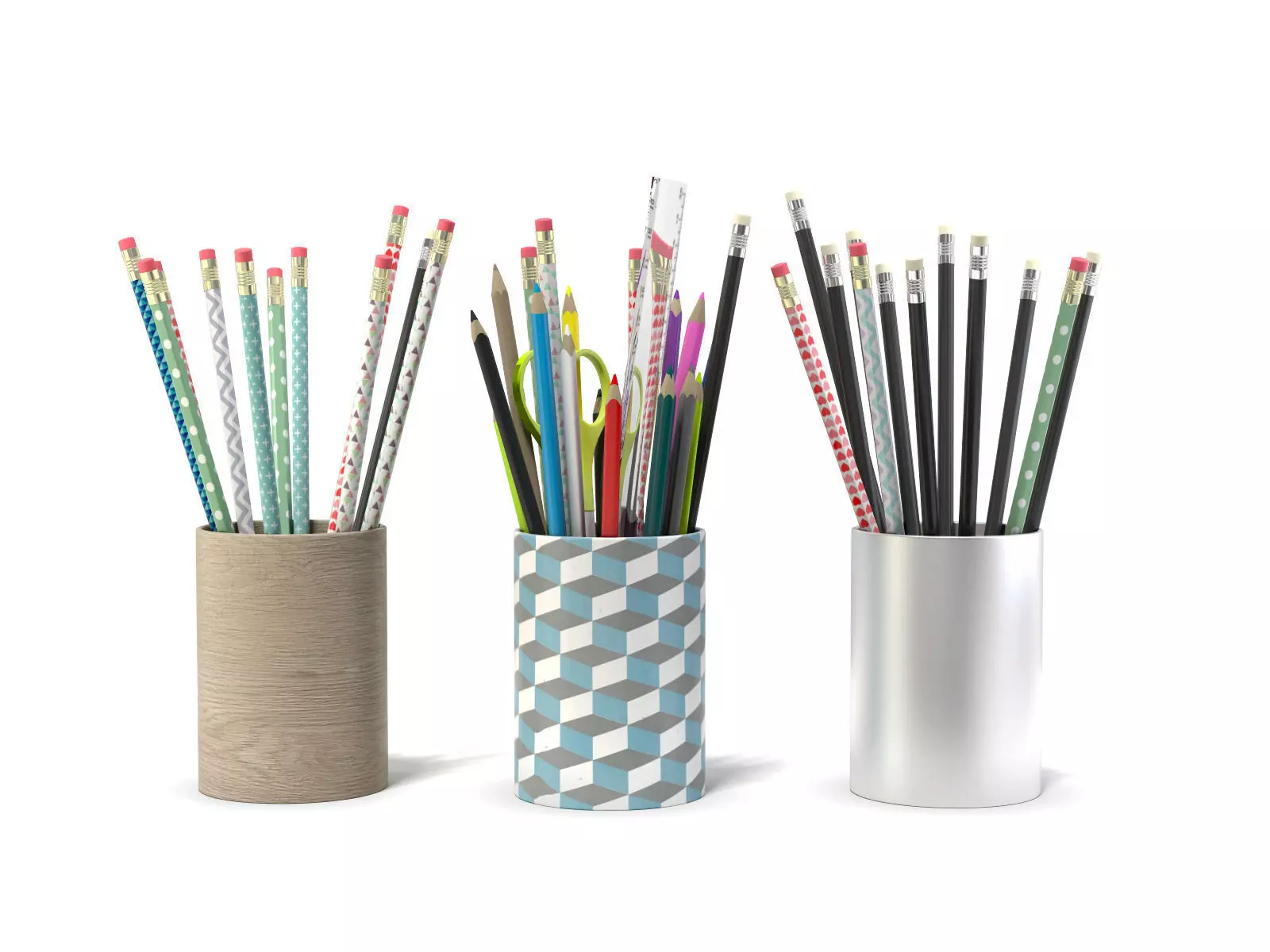 3 Pot pencils 3 Pots a crayons ciseaux regles 3D model_0