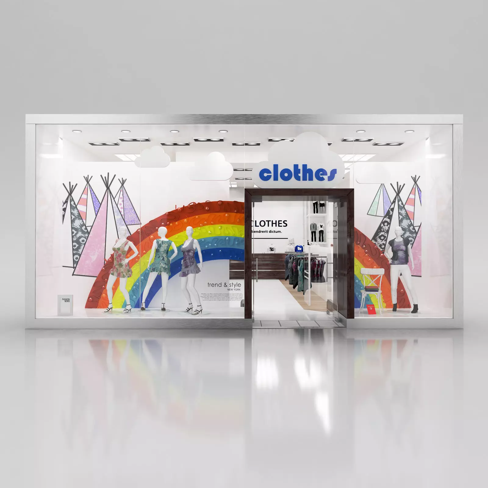 Shop window with colorful clothes 3D model_0