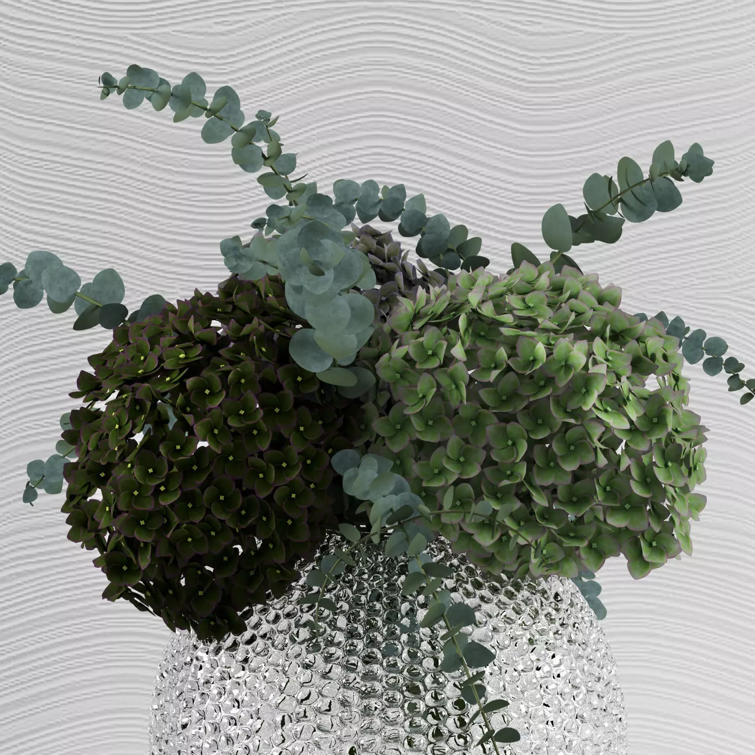 Green hydrangeas with eucaliptus Baby blue in bubble vase 3D model_0