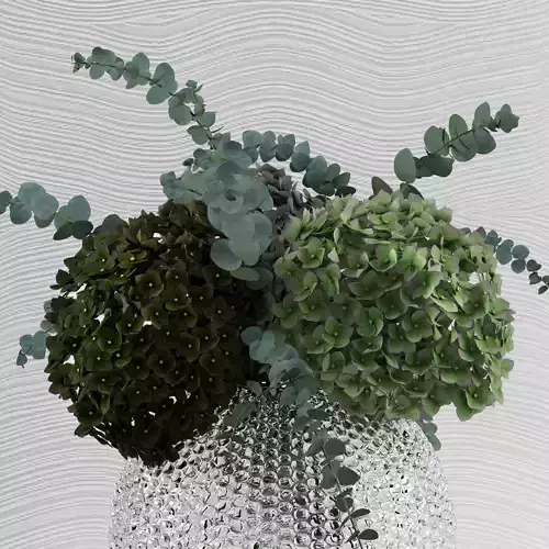 Green hydrangeas with eucaliptus Baby blue in bubble vase