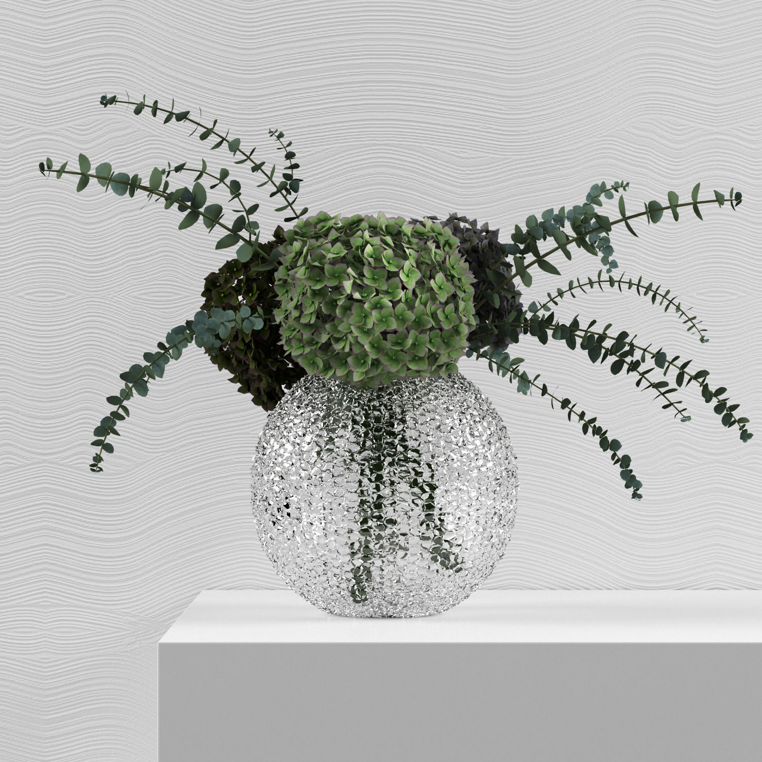 Green hydrangeas with eucaliptus Baby blue in bubble vase 3D model_2