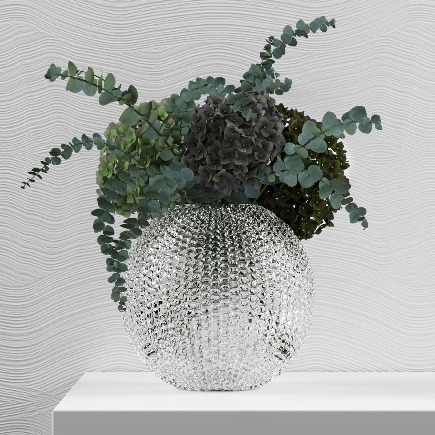 Green hydrangeas with eucaliptus Baby blue in bubble vase 3D model_1