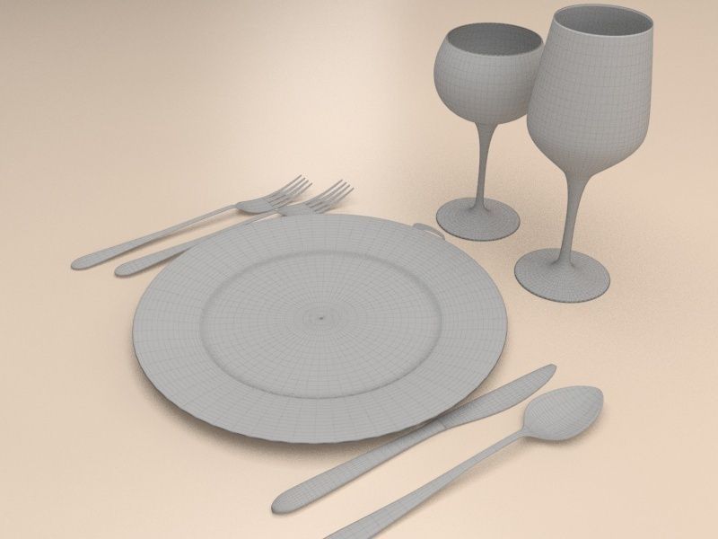 Clutery table setting with silverware and glasses Free 3D model_1