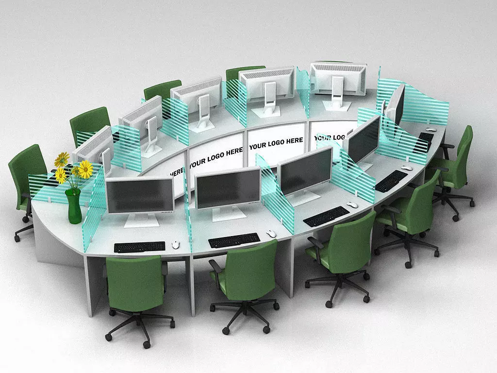 Curved workstation desk 3D model_0