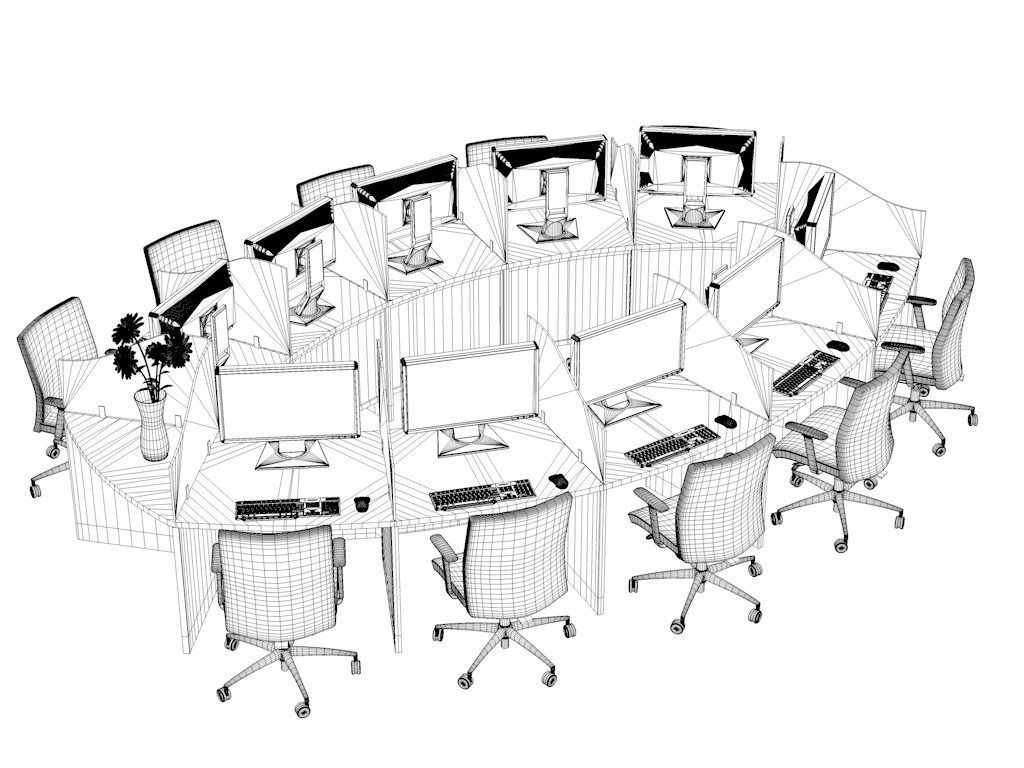 Curved workstation desk 3D model_3