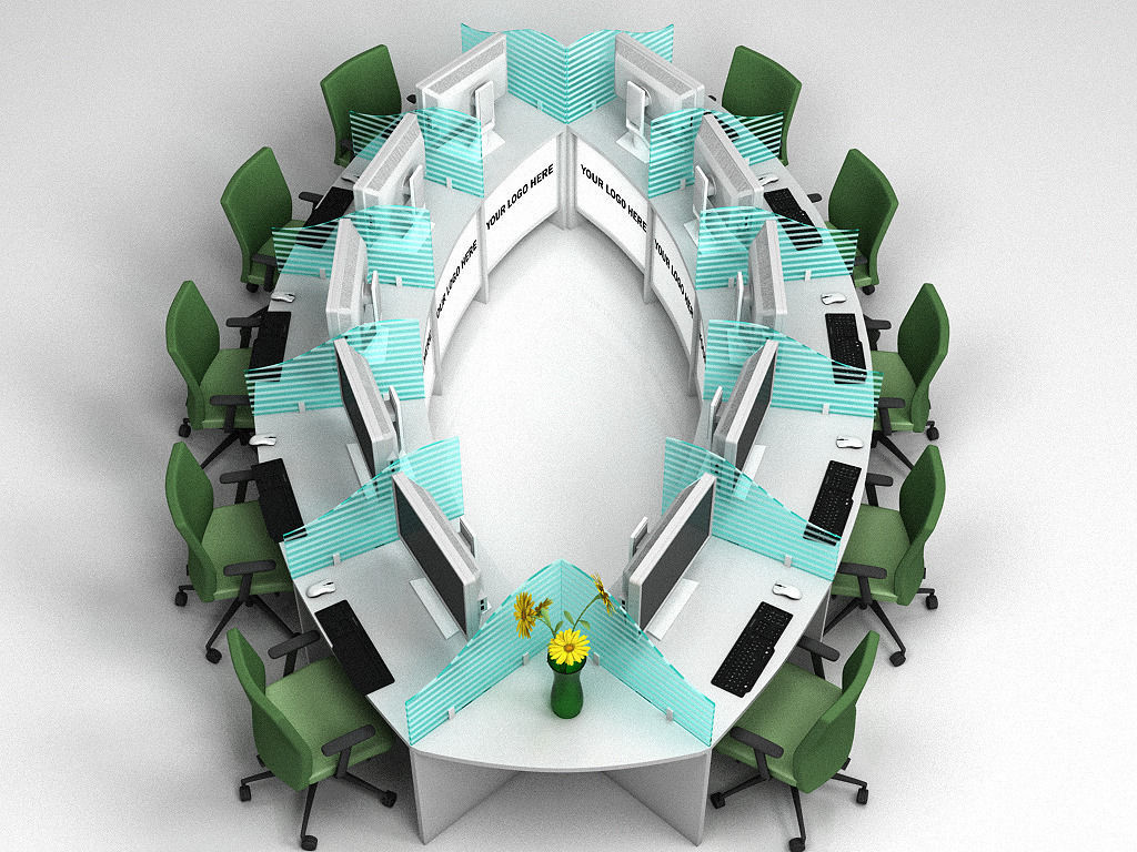 Curved workstation desk 3D model_2