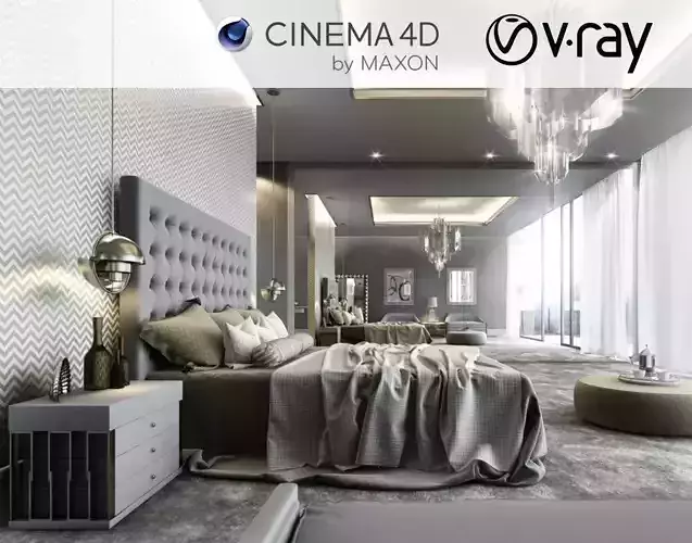 VRay - C4D Scene files - Modern Classic Bedroom Interior Scene 3D model