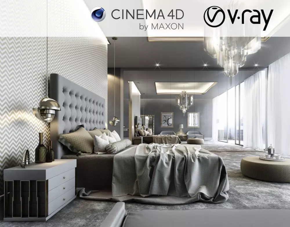 VRay - C4D Scene files - Modern Classic Bedroom Interior Scene 3D model_0