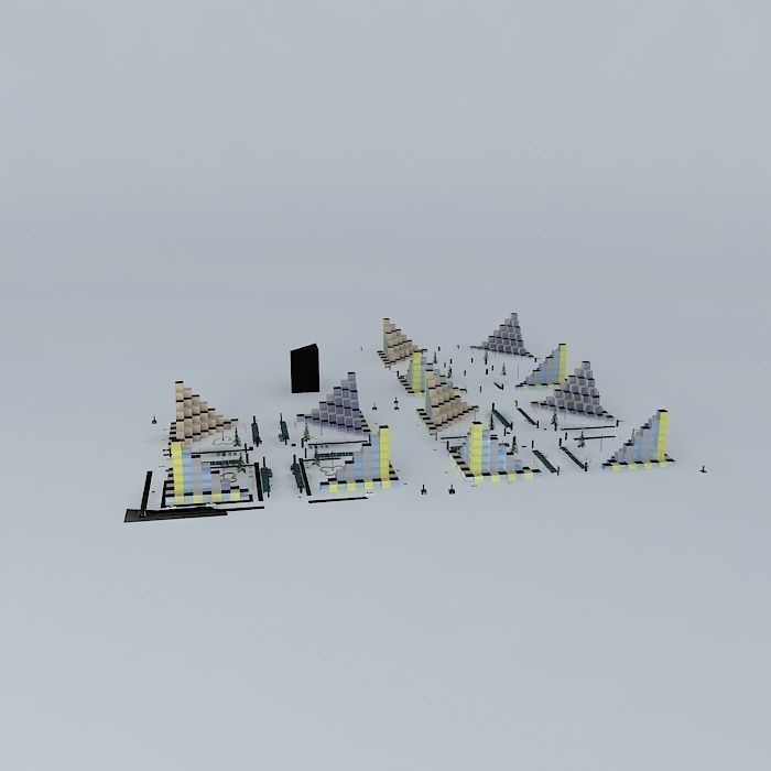 Cubic mosque with four pyramids in middle 3D model_2