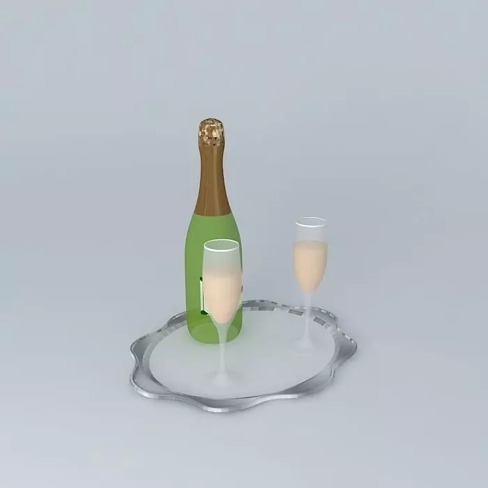 Champagne bottle of and two glasses on tray Free 3D model
