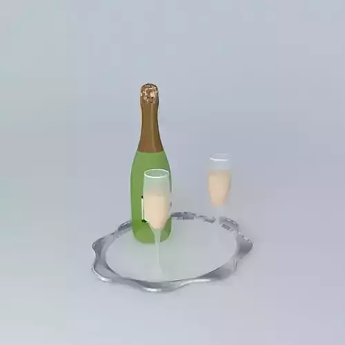 Champagne bottle of and two glasses on tray