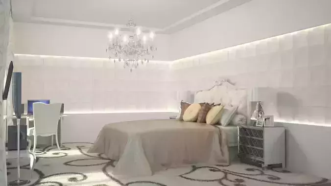 Interior bedroom with walls and chandelier