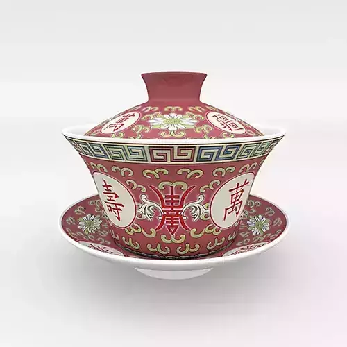 Chinese Porcelain Wan Shou Tea cup Set - Gongfu Gaiwan Low-poly 3D model