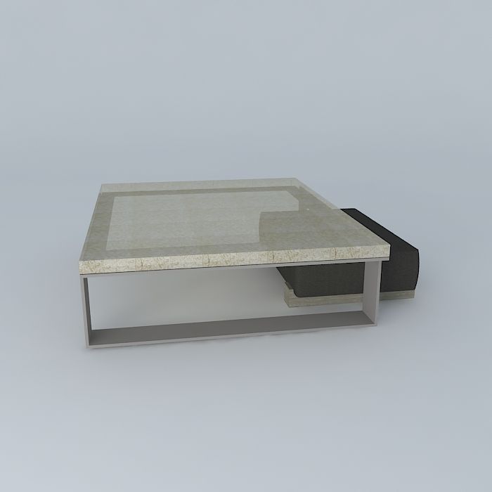 Cast Glass Sled Coffee Table with Leather and Wood Block Ottoman 3D model_2