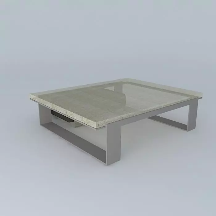 Cast Glass Sled Coffee Table with Leather and Wood Block Ottoman 3D model_0